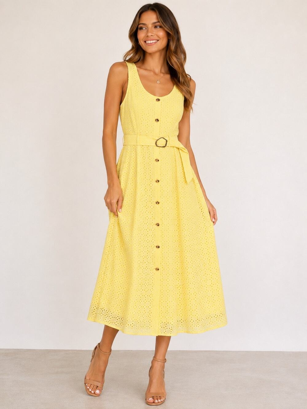 ENTRO YELLOW EYELET SLEEVELESS MIDI DRESS - SMALL - Picture 1 of 3